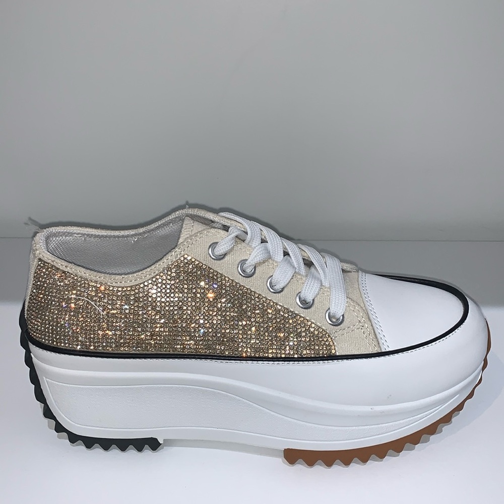 Rihineston Low Top Canvas Sneakers witEmbellishments and Platform Sole for Women - Picture 3 of 13